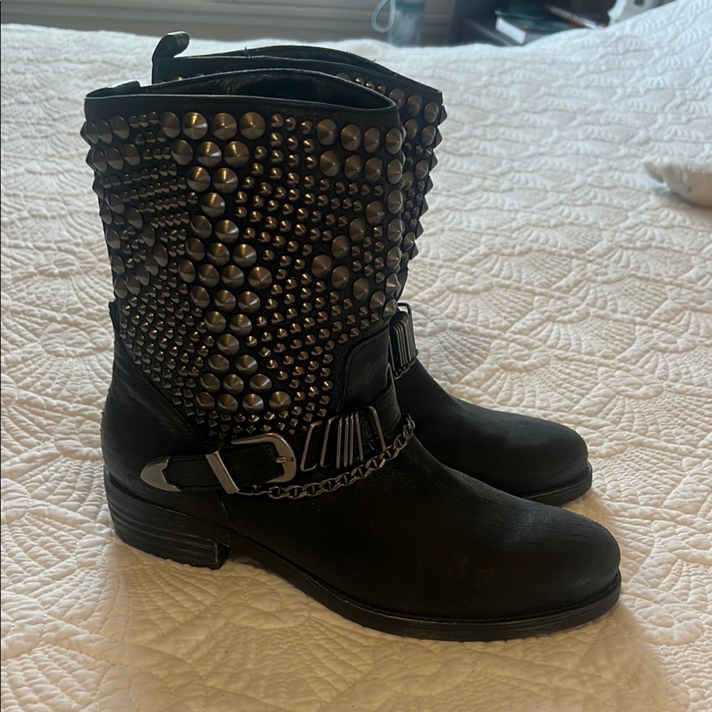 Sam Edelman Black Studded Mid-Calf Biker Boots with Chain Detail